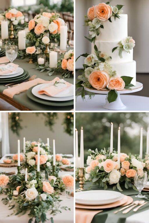 A photo collage of peach, army green, and cream wedding color ideas.