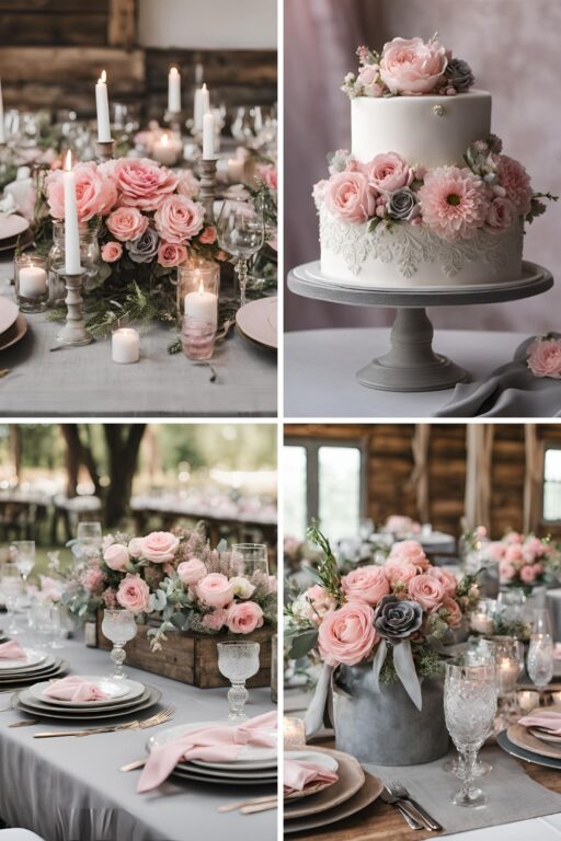 A photo collage of pink and grey wedding color ideas with rustic accents.