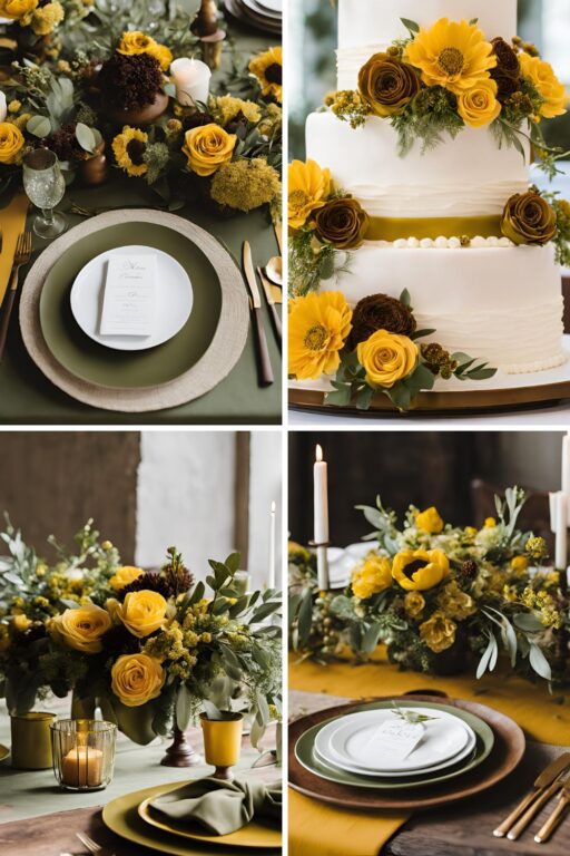 A photo collage of mustard yellow, olive green, and coffee brown wedding color ideas.