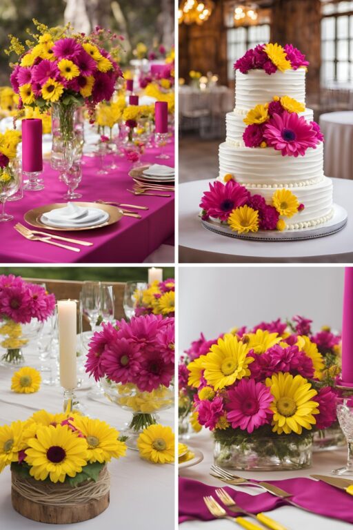 A photo collage of daisy yellow and fuchsia pink wedding color ideas.