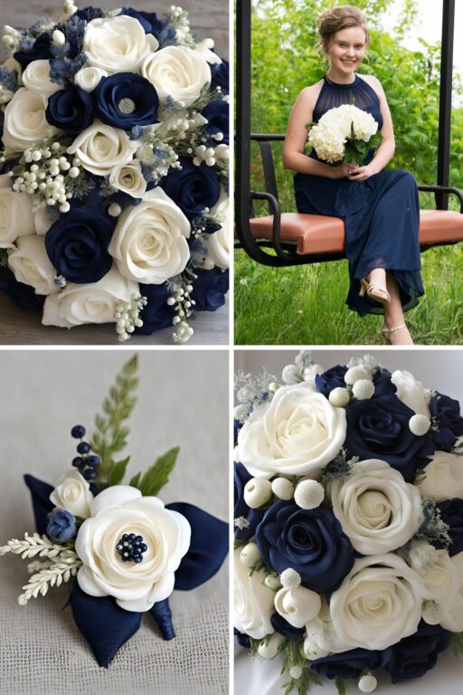 A photo collage of navy and antique white wedding color ideas.