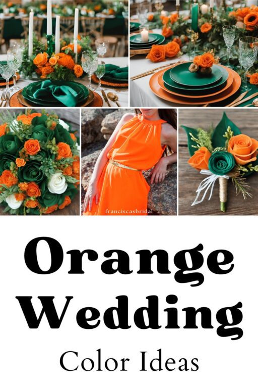 A photo collage of orange and emerald wedding palette ideas.