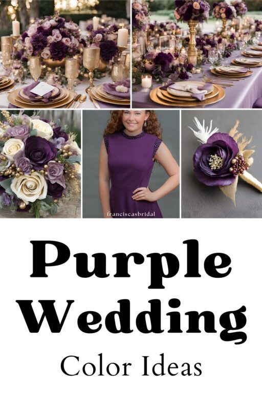 A photo collage of purple and mauve wedding color ideas.