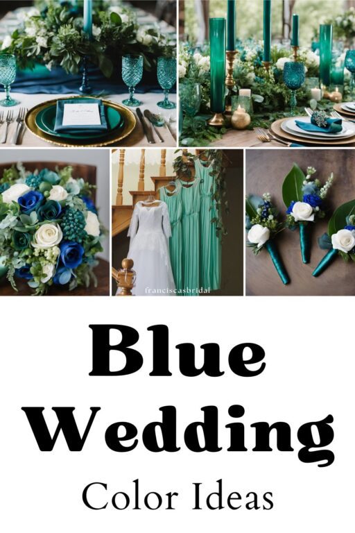 A photo collage of emerald green and blue wedding color ideas.