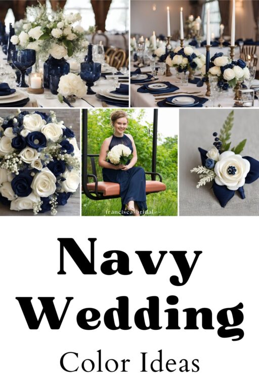 A photo collage of navy and antique white wedding color ideas.