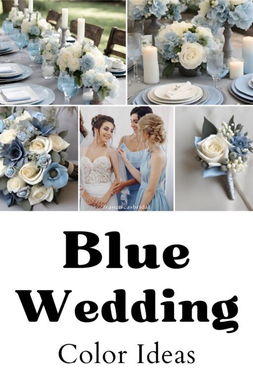 A photo collage of baby blue and dark grey wedding color ideas.