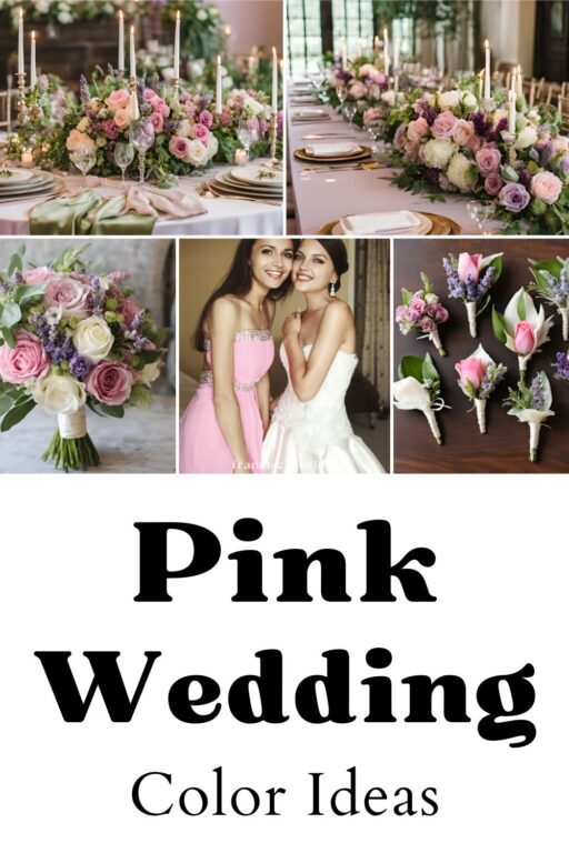 A photo collage of pink and lavender wedding color ideas.