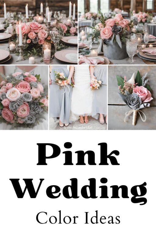 A photo collage of pink and grey wedding color ideas.