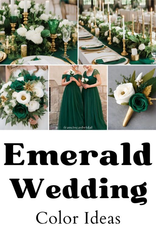 A photo collage of emerald and gold wedding color ideas.