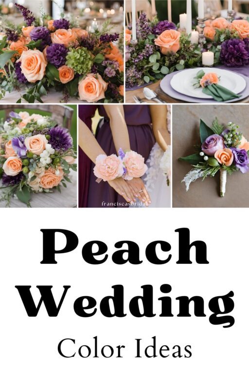 A photo collage of peach and purple wedding color ideas.