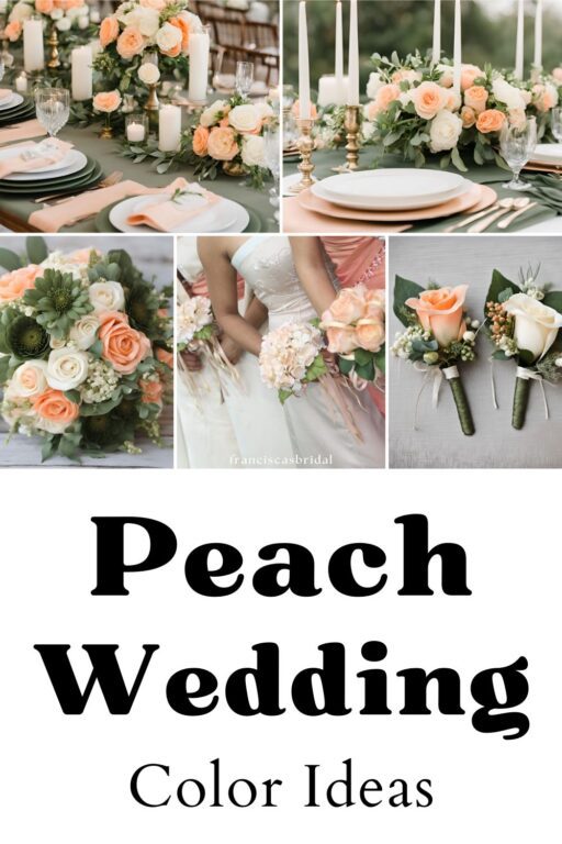 A photo collage of peach and army green wedding palette ideas.