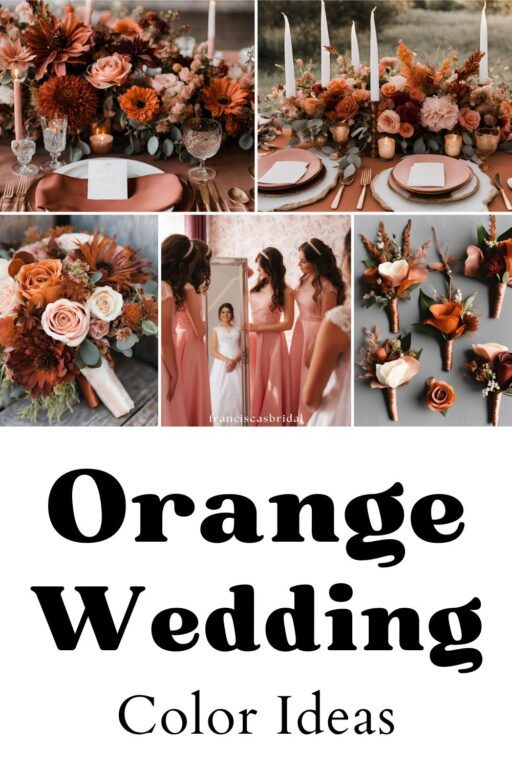 A photo collage of burnt orange and dusty pink wedding color ideas.