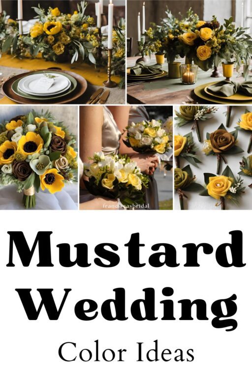 A photo collage of olive green and mustard wedding color ideas.