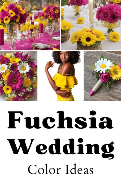 A photo collage of daisy yellow and fuchsia wedding color ideas.