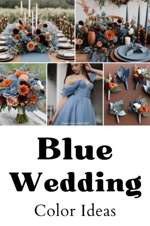 A photo collage of rustic blue and terracotta wedding color ideas.