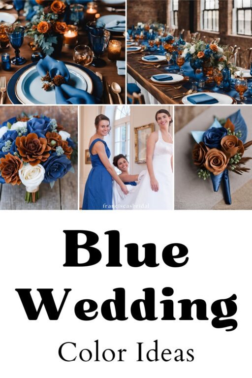 A photo collage of cognac and blue wedding color ideas.