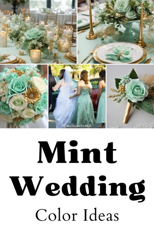 A photo collage of mint green wedding color ideas.