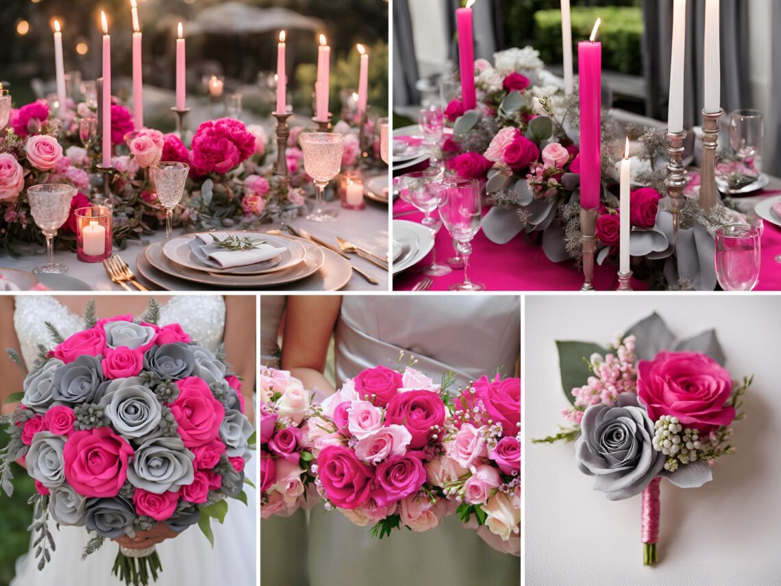 A photo collage of hot pink and ash grey wedding color ideas.