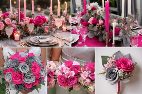 A photo collage of hot pink and ash grey wedding color ideas.