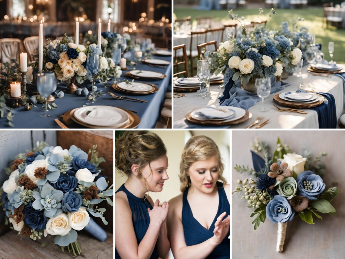 A photo collage of dusty blue, navy blue, and brown wedding ideas.