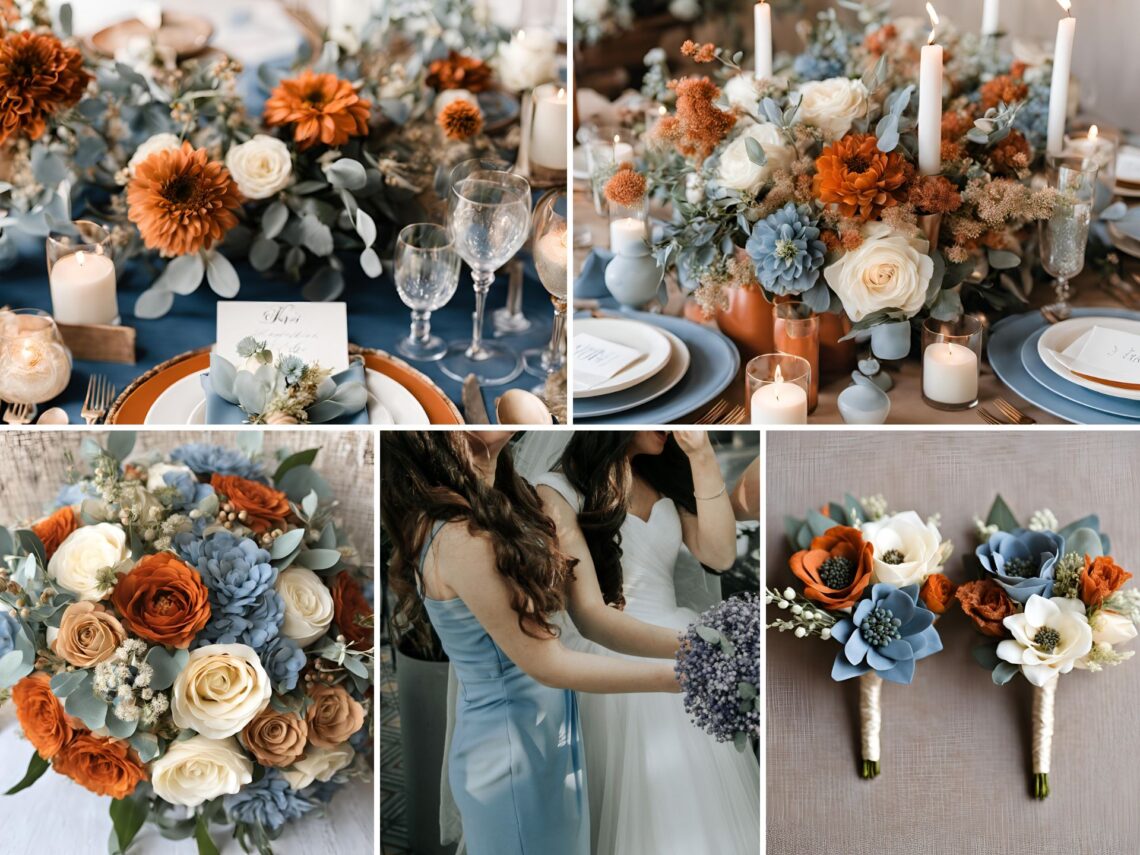 A photo collage of dusty blue, burnt orange, beige, and cream wedding color ideas.