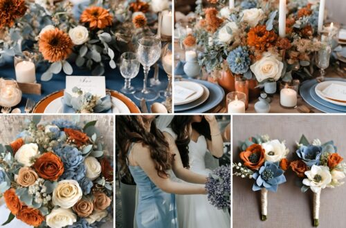 A photo collage of dusty blue, burnt orange, beige, and cream wedding color ideas.