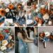 A photo collage of dusty blue, burnt orange, beige, and cream wedding color ideas.