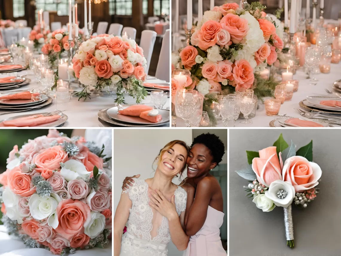 A photo collage of pink, salmon, silver, and white wedding color ideas.