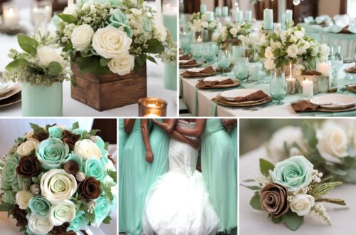 A photo collage of mint green, brown, and off white wedding ideas.