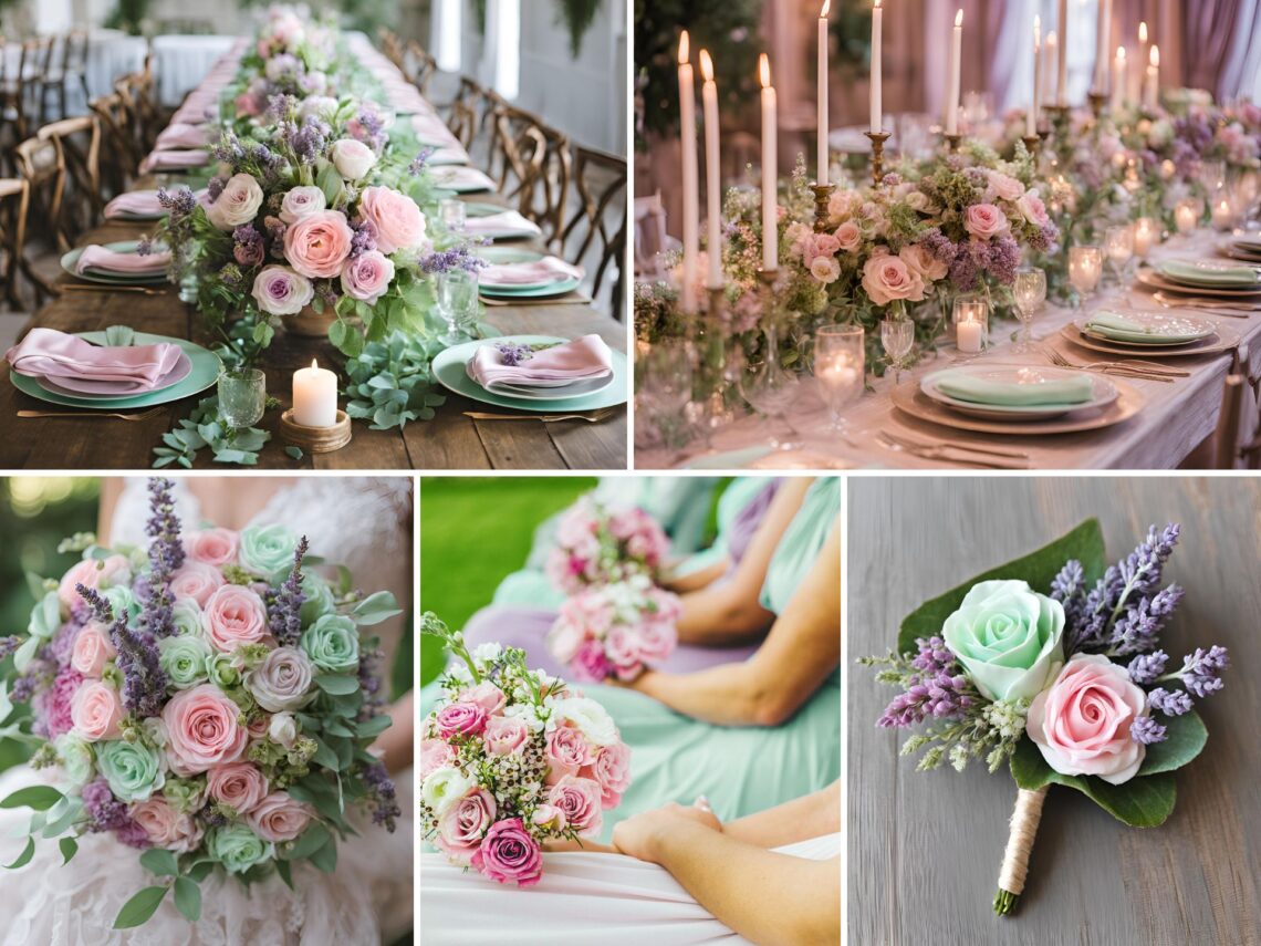 A photo collage of pink, mint green, and lavender wedding color ideas.