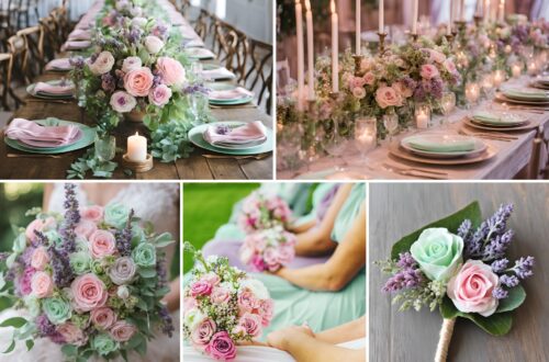 A photo collage of pink, mint green, and lavender wedding color ideas.