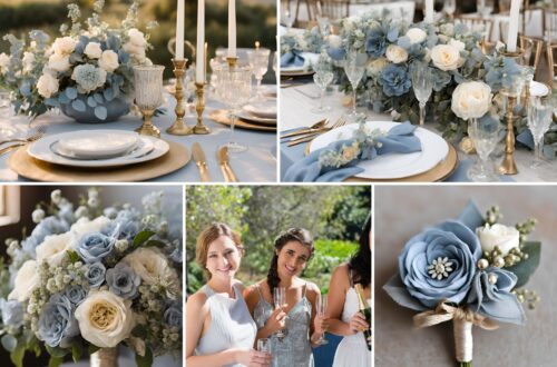 A photo collage of dusty blue, champagne, and light grey wedding ideas.