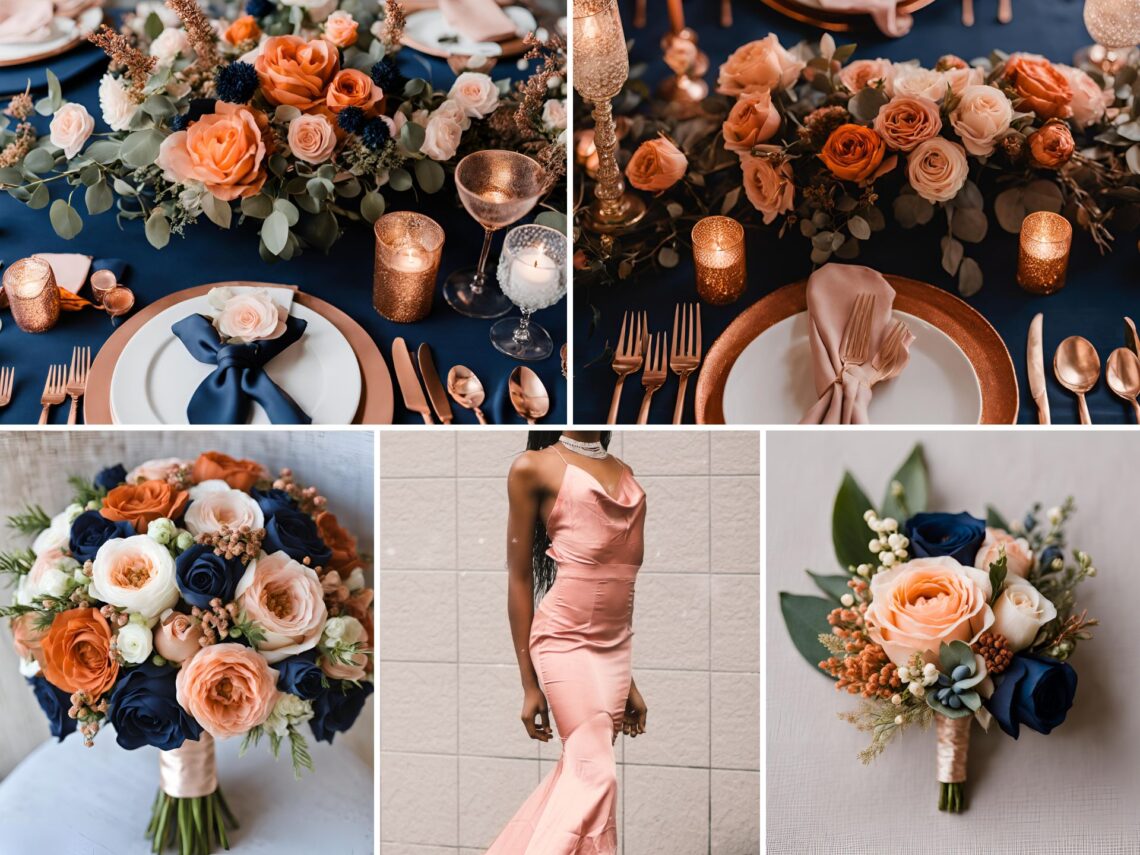 A photo collage of rust orange, rose gold, blush pink, and navy blue wedding color ideas.