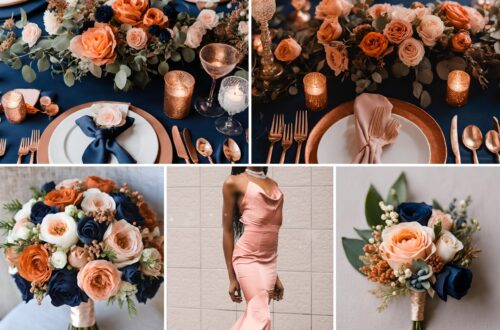 A photo collage of rust orange, rose gold, blush pink, and navy blue wedding color ideas.