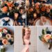 A photo collage of rust orange, rose gold, blush pink, and navy blue wedding color ideas.