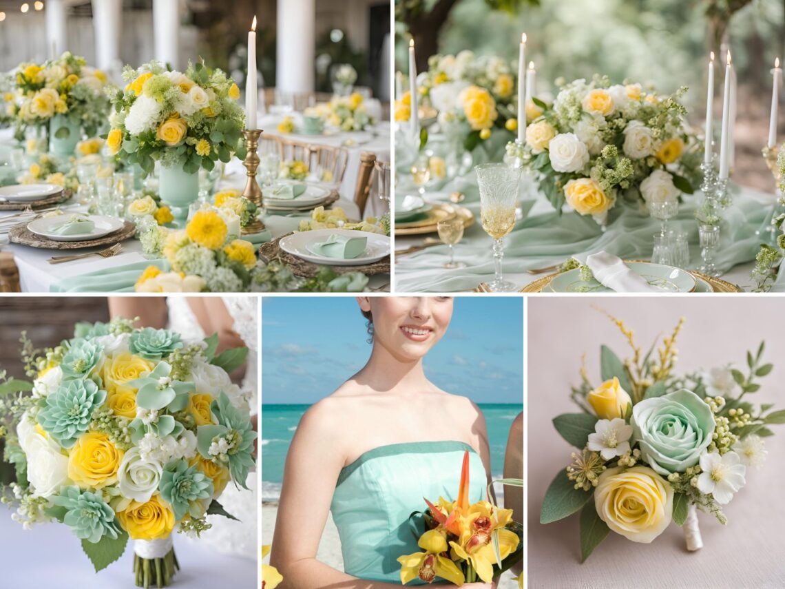 A photo collage of mint green, yellow, and white wedding ideas.