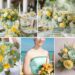 A photo collage of mint green, yellow, and white wedding ideas.