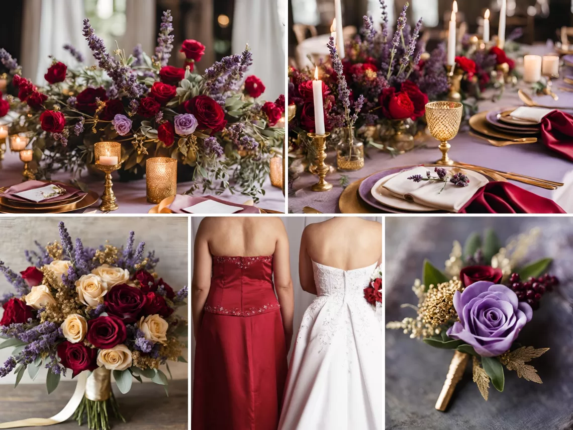 A photo collage of red, lavender, and gold wedding color ideas.