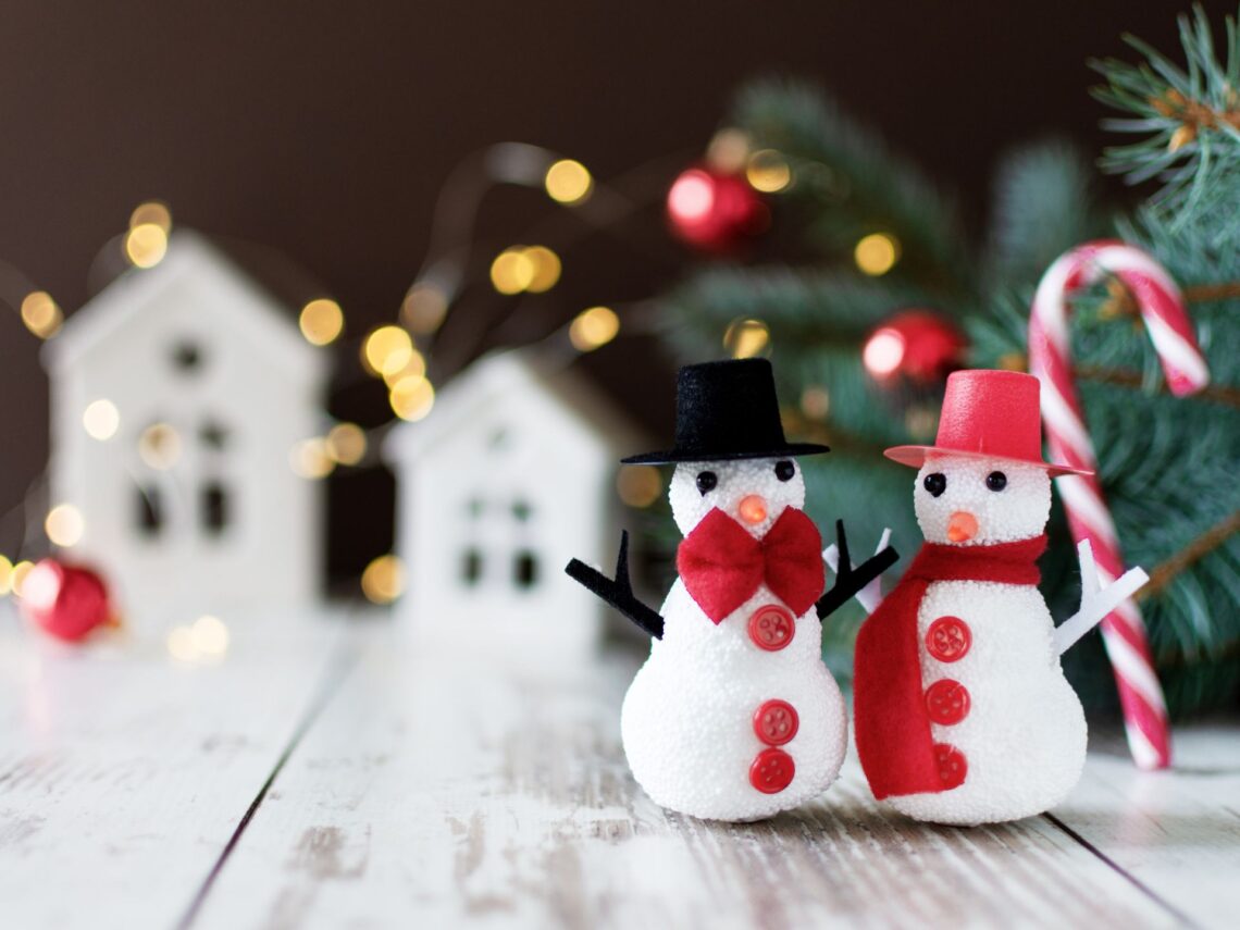 A table with mini snowman and christmas village houses.