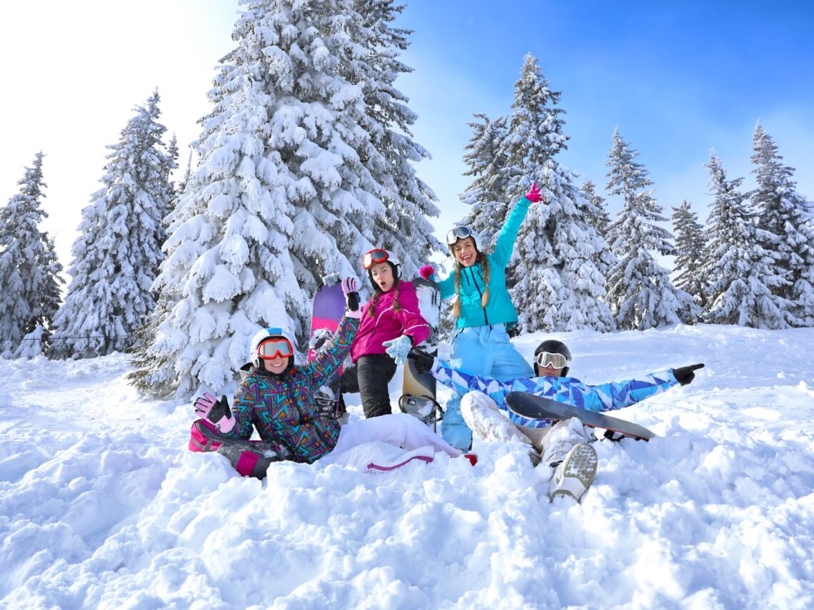 A group of friends at a ski resort for a bachelorette party.