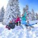 A group of friends at a ski resort for a bachelorette party.