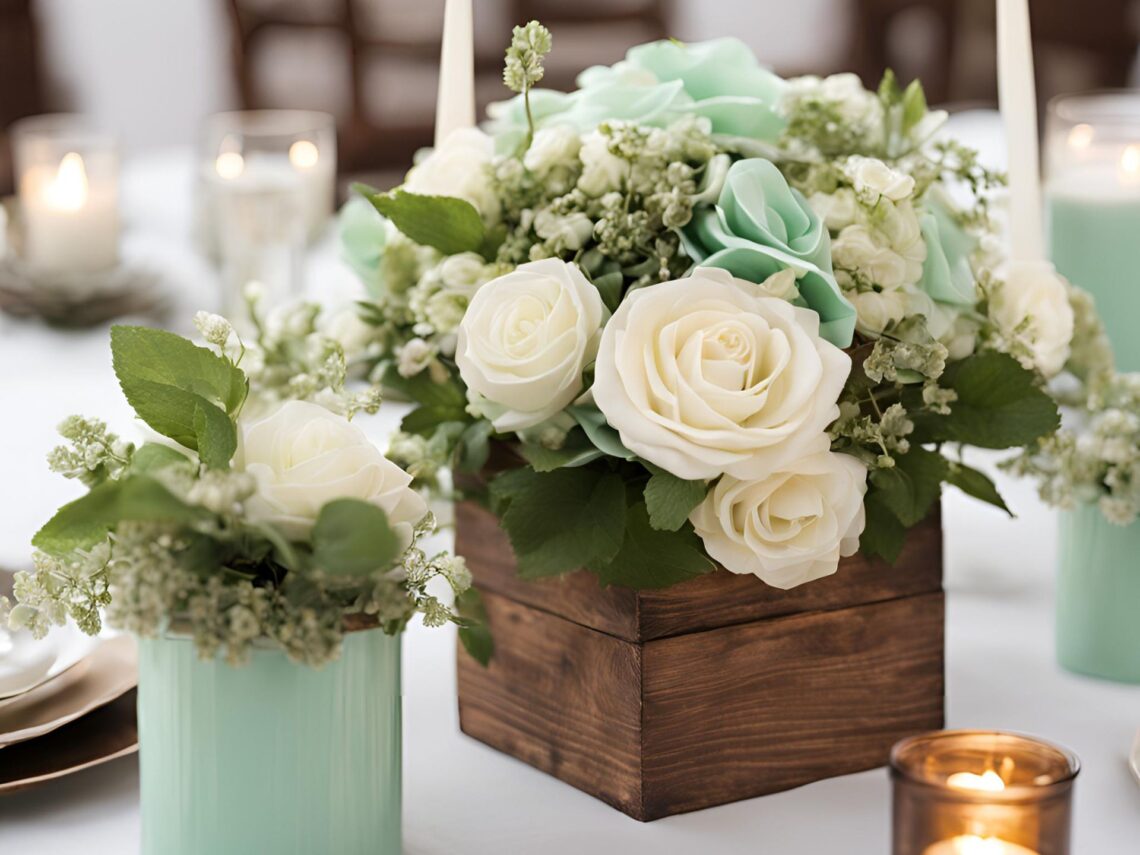 A mint green wedding table centerpiece.