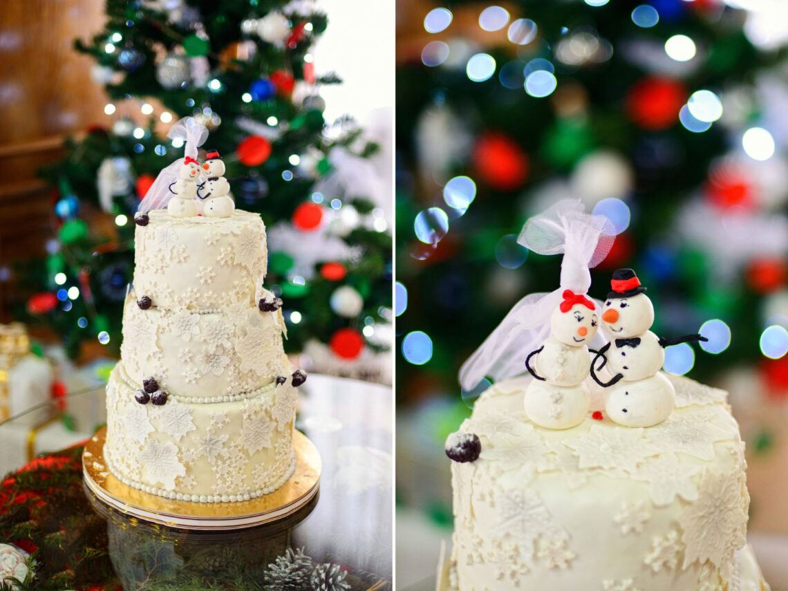 A christmas themed wedding with an ornament decorated Christmas tree.