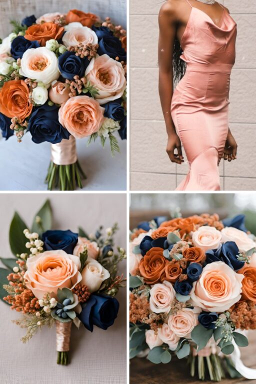 A photo collage of rust orange, rose gold, blush pink, and navy blue wedding color ideas.