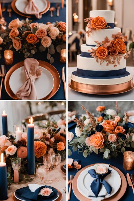 A photo collage of rust orange, rose gold, blush pink, and navy blue wedding color ideas.