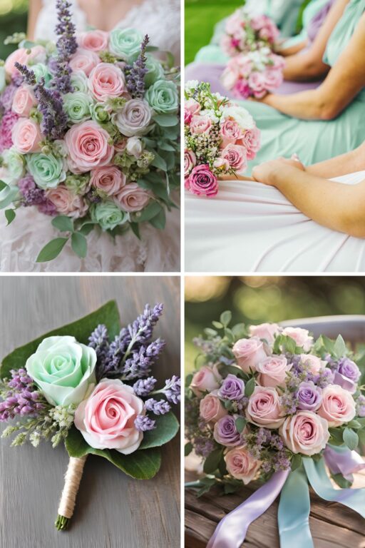 A photo collage of pink, mint green, and lavender wedding color ideas.