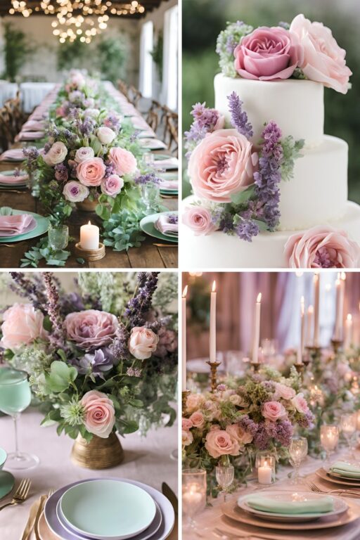 A photo collage of pink, mint green, and lavender wedding color ideas.