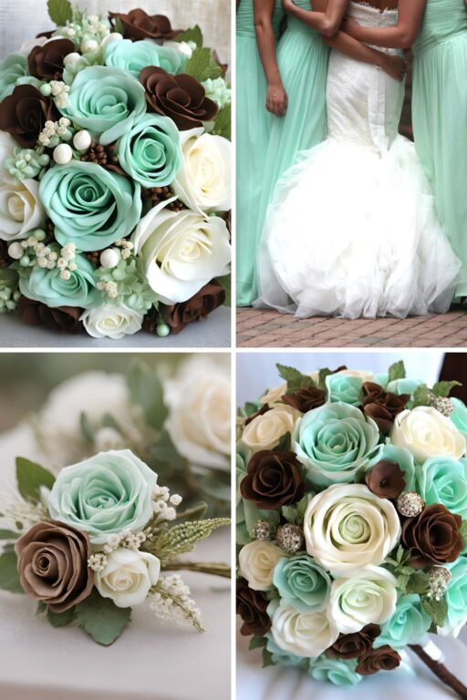 A photo collage of mint green, brown, and off white wedding ideas.