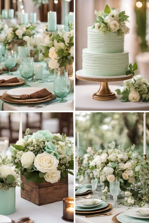 A photo collage of mint green, brown, and off white wedding ideas.