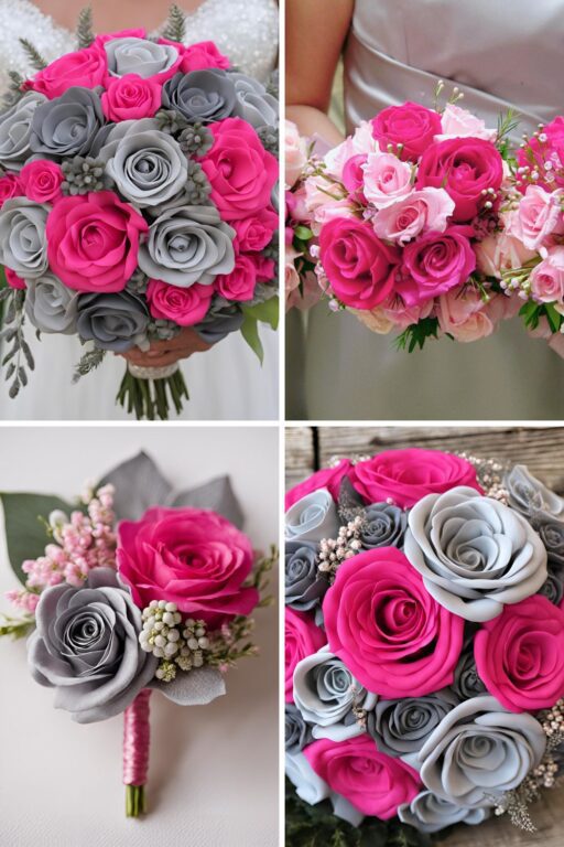 A photo collage of hot pink and ash grey wedding color ideas.